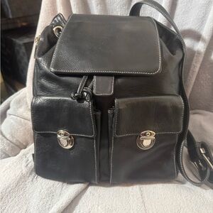 Perlina Black Leather Backpack with Dual Front Pockets (Unisex)